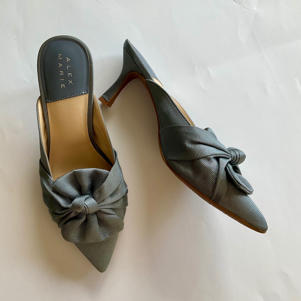 Alex Marie Slate Blue Ribbed Bow Pointed Toe Mule Kitten Heels Slip On Pumps 6.5 - Picture 5 of 12